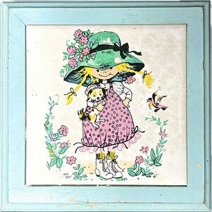 Vintage Holly Hobbie Style Blue Wooden Tile Jewelry Trinket Box Taiwan